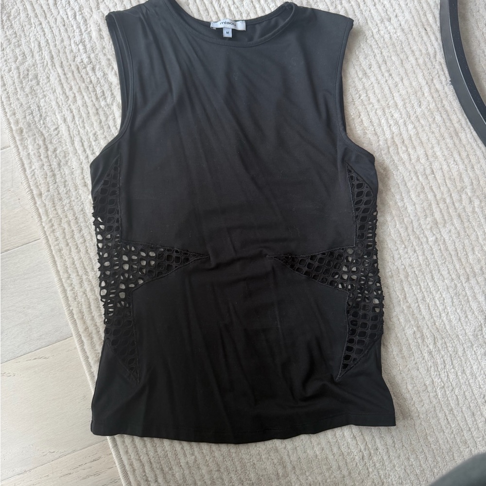 Miaou Black Sleeveless Tank with Geometric Mesh Insets